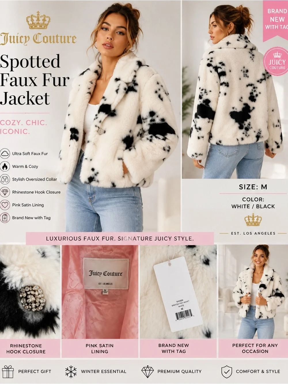 Juicy Couture White & Black Spotted Faux Fur Teddy Jacket